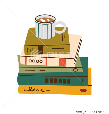Vector illustration with flat cartoon stack of books with mug on top, cozy reading composition, slow living mood, quiet evening atmosphere, personal time, hobby, relaxation visuals for lifestyle Vector illustration with flat cartoon stack of books with mug on top, cozy reading composition, slow living mood, quiet evening atmosphere, personal time, hobby, relaxation visuals for lifestyle 133470557