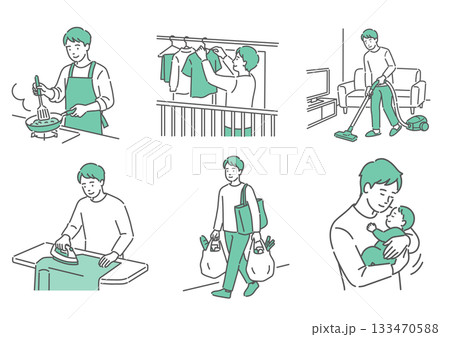 家事や育児をしている若い男性のベクターイラストセット 133470588