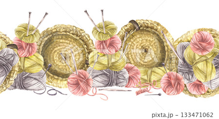 Balls of yarn threads in different color seamless border. Watercolor hand drawn illustration. Realistic skeins of string with knitting needles. Hobby handicrafts horizontal striped pattern isolated 133471062