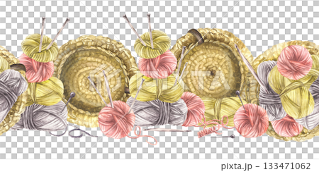 Balls of yarn threads in different color seamless border. Watercolor hand drawn illustration. Realistic skeins of string with knitting needles. Hobby handicrafts horizontal striped pattern isolated 133471062