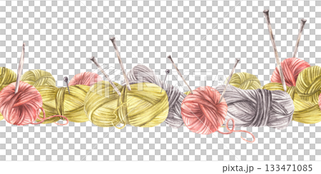 Balls of yarn threads seamless border. Watercolor hand drawn illustration. Realistic painted skeins of string with knitting needles, pins Hobby, handicrafts horizontal pattern isolated from background 133471085