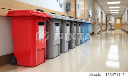 Red gray blue bin recycling bin lined up in hospital corridor conveying cleanliness and waste management efficiency 133471145