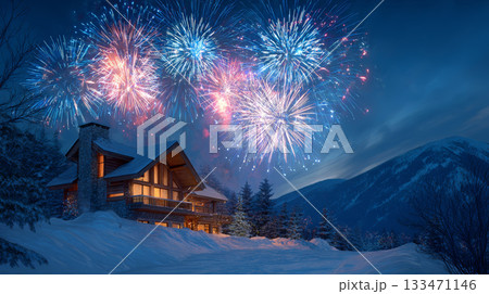 Cozy snowy mountain chalet with warm lights and colorful fireworks over pine trees and peaks, festive winter celebration under starry evening sky 133471146