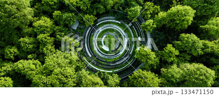Circular green rooftop garden aerial view of concentric terraces modern eco architecture lush forest canopy sustainable design urban nature 133471150