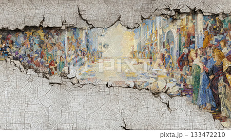 Cracked wall mosaic biblical scene colorful intricate abstract texture art 133472210