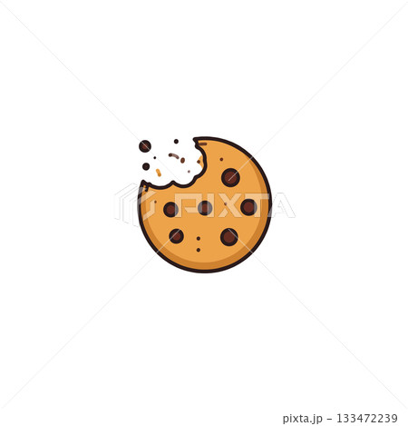 Whimsical bitten chocolate chip cookie illustration displaying sweet indulgence on a clean white 133472239