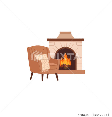 Inviting fireplace warmth radiates beside soft armchair providing a cozy and serene homey 133472241