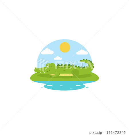 Whimsical alligator lounging on a verdant isle under a sunny sky a cartoon style illustration Whimsical alligator lounging on a verdant isle under a sunny sky a cartoon style illustration 133472245