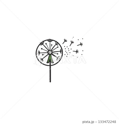 Whimsical dandelion illustration with dispersed seeds conveying themes of fragility transience and 133472248
