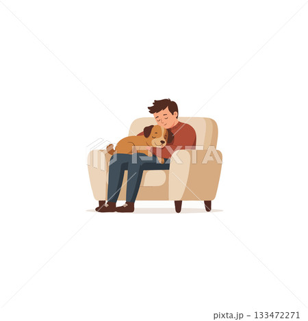 Serene companionship depicting a man and his dog relaxing together in an armchair evoking comfort Serene companionship depicting a man and his dog relaxing together in an armchair evoking comfort 133472271