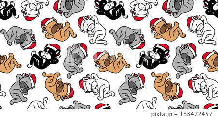 dog pattern seamless french bulldog Christmas hat Santa Claus sleeping vector pet cartoon doodle wrapping paper tile background repeat wallpaper illustration scarf isolated design 133472457