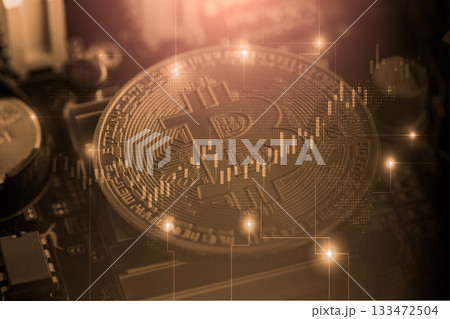 Modern way of exchange. Bitcoin is convenient payment in global economy market. Virtual digital currency and financial investment trade concept. Abstract cryptocurrency with gold bitcoin background. Modern way of exchange. Bitcoin is convenient payment in global economy market. Virtual digital currency and financial investment trade concept. Abstract cryptocurrency with gold bitcoin background. 133472504