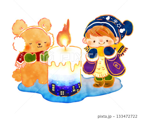 冬あそびシリーズ:冬のキャンドル 子どもとクマの暖かい仲良しイラスト 冬あそびシリーズ:冬のキャンドル 子どもとクマの暖かい仲良しイラスト 133472722