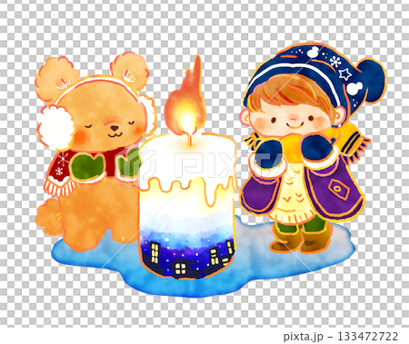 冬あそびシリーズ:冬のキャンドル 子どもとクマの暖かい仲良しイラスト 冬あそびシリーズ:冬のキャンドル 子どもとクマの暖かい仲良しイラスト 133472722