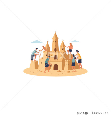 Joyful teamwork on beach creating a magnificent sandcastle symbolizing family vacation and summer 133472937