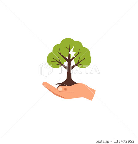 A single hand offering a tree with a symbolic lightning bolt representing renewable energy 133472952