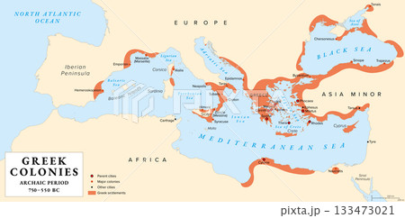 Ancient Greek colonies and parent cities, history map. Greek colonization during the Archaic period, 750 to 550 BC, across the Mediterranean Sea and the Black Sea. Areas and settlements. Illustration 133473021