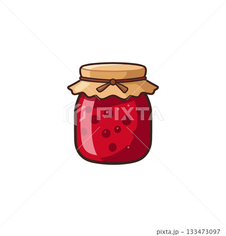 Illustration of a bright red jam preserve jar with fabric cover and string tie featuring berries, Illustration of a bright red jam preserve jar with fabric cover and string tie featuring berries, 133473097