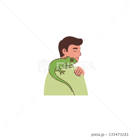 Chameleon companionship: Illustrative depiction of human affection displayed to an exotic pet 133473281