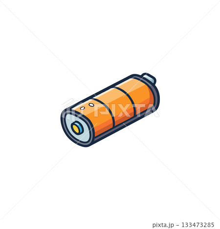 Cartoon illustration of an orange cylindrical battery with indicators showcasing a creative energy 133473285