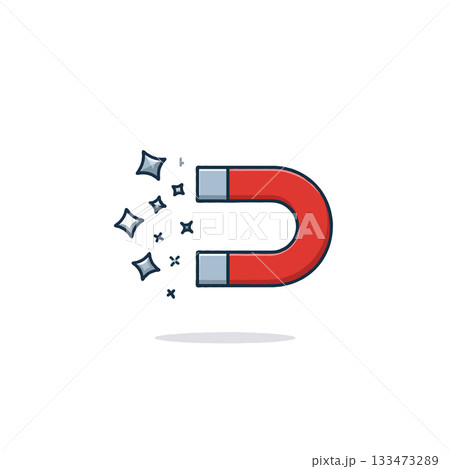 Cartoon magnet attracting sparkling particles illustrating power of attraction and influence 133473289