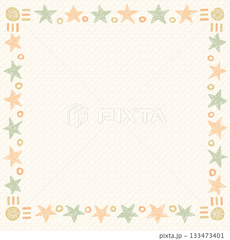 Blank square frame consists of various pastel star and circle shapes childish hand drawn style on old bond paper texture background graphic illustration. Blank square frame consists of various pastel star and circle shapes childish hand drawn style on old bond paper texture background graphic illustration. 133473401