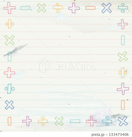 Blank square frame consists of pastel add, subtract, multiply and divide symbol shapes childish style on used old notebook paper graphic illustration. Blank square frame consists of pastel add, subtract, multiply and divide symbol shapes childish style on used old notebook paper graphic illustration. 133473406