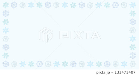 Blank rectangle frame consists of various pastel snowflakes childish hand drawn style on light blue background graphic illustration. 133473407