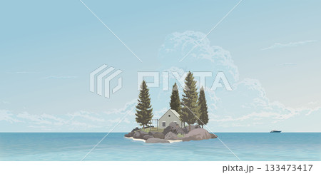 Log cabin and pine trees on small rocky island loacted in tropical blue sea have blue sky background graphic illustration. 133473417
