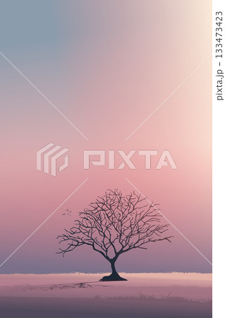 Minimalist countryside landscape with silhouette leftless tree have dramatic sky vertical background graphic illustration. 133473423