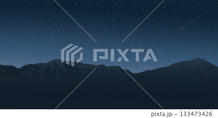 Night at countryside landscape in winter season with silhouette mountain ranges have a lot of star on the sky background graphic illustration. Night at countryside landscape in winter season with silhouette mountain ranges have a lot of star on the sky background graphic illustration. 133473426