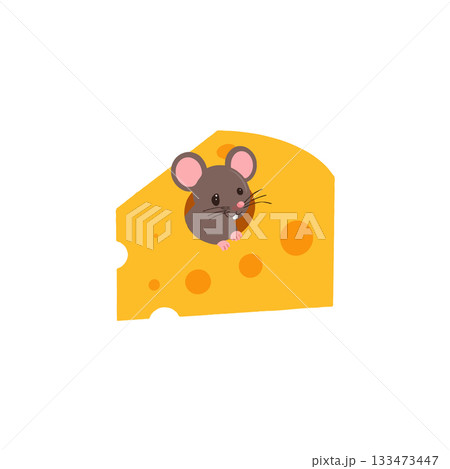 Cartoon mouse peeking out of a swiss cheese hole, cute whimsical illustration for kids 133473447