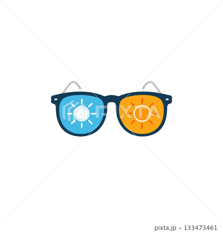 Conceptual artwork showcasing contrasting perspectives embodied in dual colored eyewear graphic 133473461