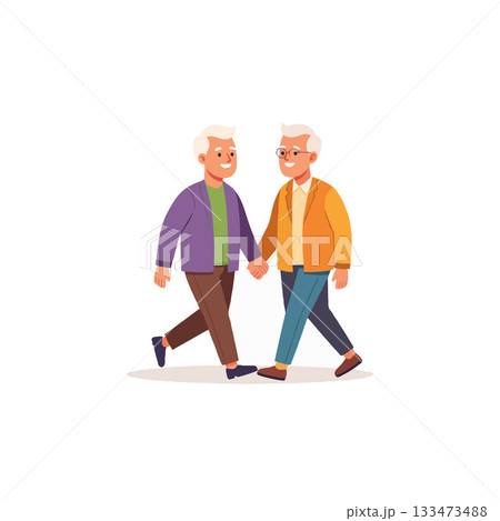 Charming illustration showcases enduring bond between senior gentlemen, exemplifying companionship 133473488