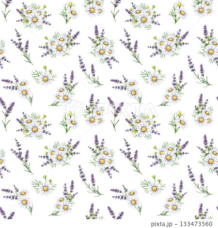 Lavender and chamomile flowers seamless pattern on white background. Hand drawn chamomile and lavender flowers watercolor illustration. Organic medicinal herb pattern decor. 133473560