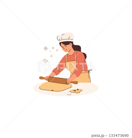 Female pastry chef carefully kneading dough with a rolling pin preparing sweet baked goods fresh Female pastry chef carefully kneading dough with a rolling pin preparing sweet baked goods fresh 133473690