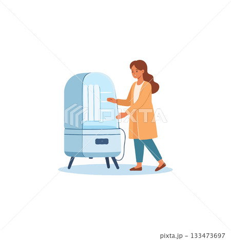 Woman interacts with a modern sanitizing appliance showcasing personal care equipment and 133473697