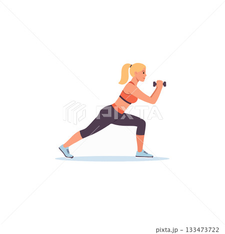 Athletic blonde woman engages in a dynamic dumbbell workout routine demonstrating strength and 133473722