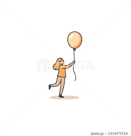 A minimalist illustration capturing a moment of joy with a woman holding balloon against a stark A minimalist illustration capturing a moment of joy with a woman holding balloon against a stark 133473724