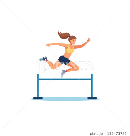 Dynamic female athlete skillfully clearing the hurdle obstacle with energy and focus exhibiting 133473725