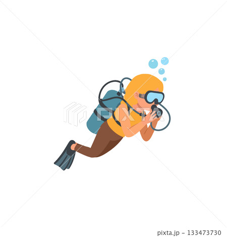 Cartoon diver exploring the underwater world with scuba gear enjoying the ocean's beauty and Cartoon diver exploring the underwater world with scuba gear enjoying the ocean's beauty and 133473730