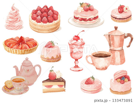 水彩画風おしゃれなカフェイラストセット 133473891
