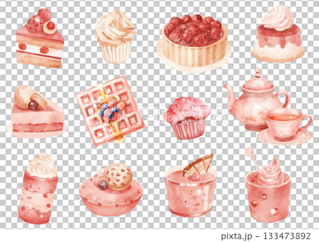 水彩風格時尚甜點插畫組(粉紅色) 水彩風格時尚甜點插畫組(粉紅色) 133473892