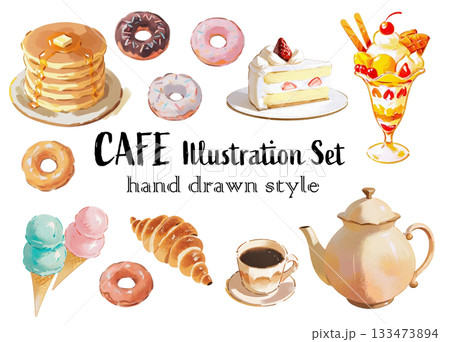 水彩画風おしゃれなカフェイラストセット 133473894