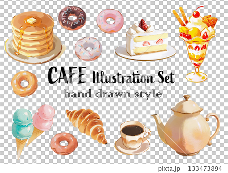 水彩画風おしゃれなカフェイラストセット 133473894