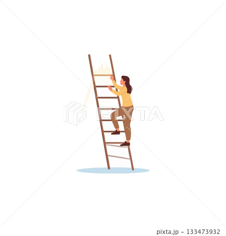Reaching new heights a woman climbs a ladder with determination and focus setting goals achieving 133473932