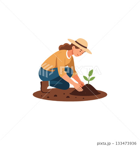 A young woman tending to a seedling, symbolizing growth, sustainability, and the nurture of our 133473936