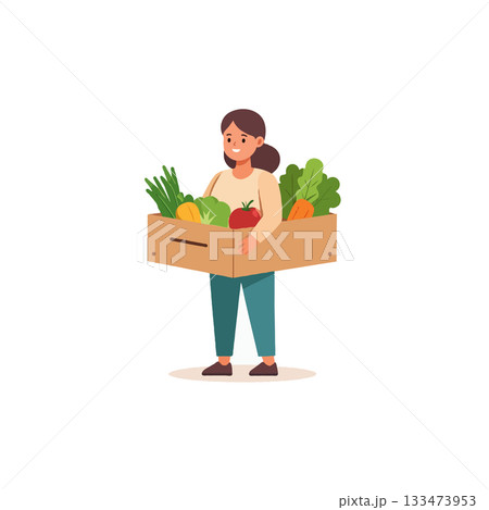 A woman carrying a box filled with fresh produce reflecting healthy eating habits and nutrition 133473953