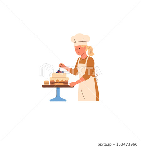 Illustrative depiction of a baker decorating a cake with a cherry in a minimalist style and 133473960