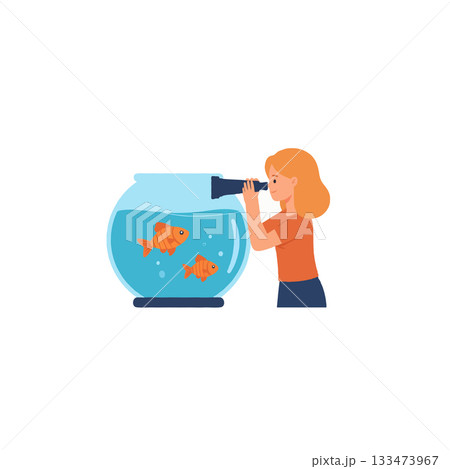 A curious young girl gazes into a goldfish bowl with a telescope exploring aquatic life wonders A curious young girl gazes into a goldfish bowl with a telescope exploring aquatic life wonders 133473967